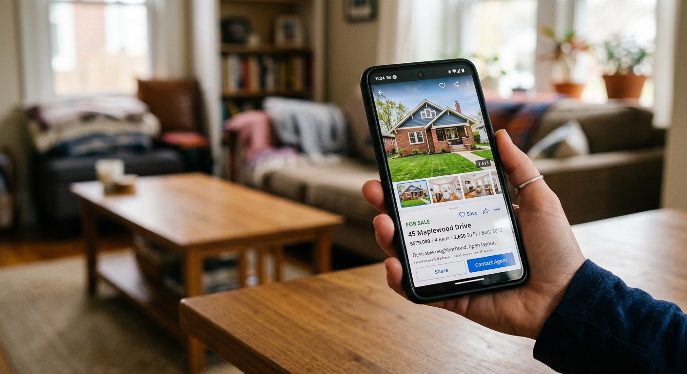 High-detail photograph of a smartphone held in someone's hand displaying a real estate listing page with professional pr
