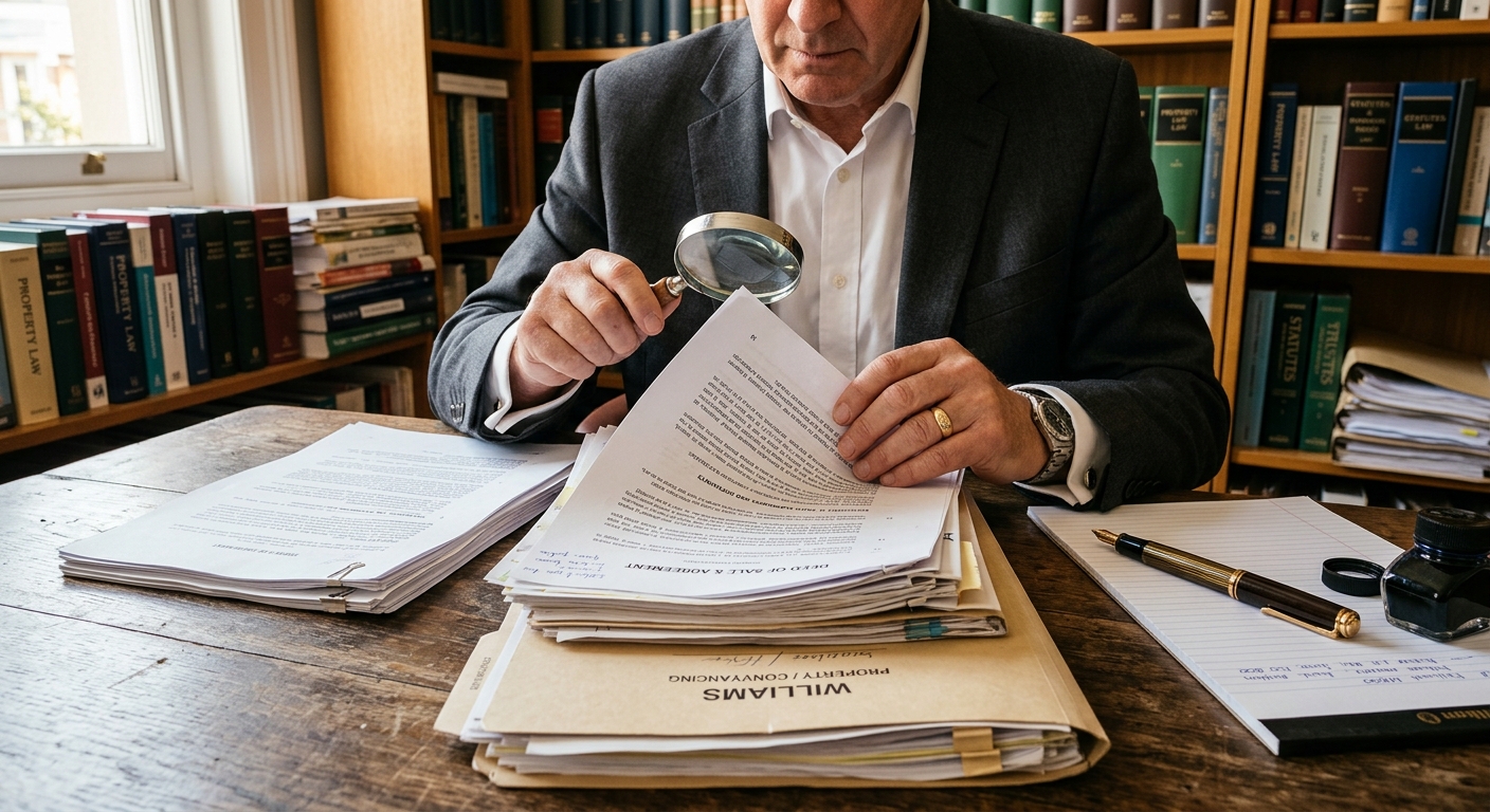 Photorealistic image of a property lawyer's hands reviewing a stack of legal documents at a wooden desk, with a magnifyi
