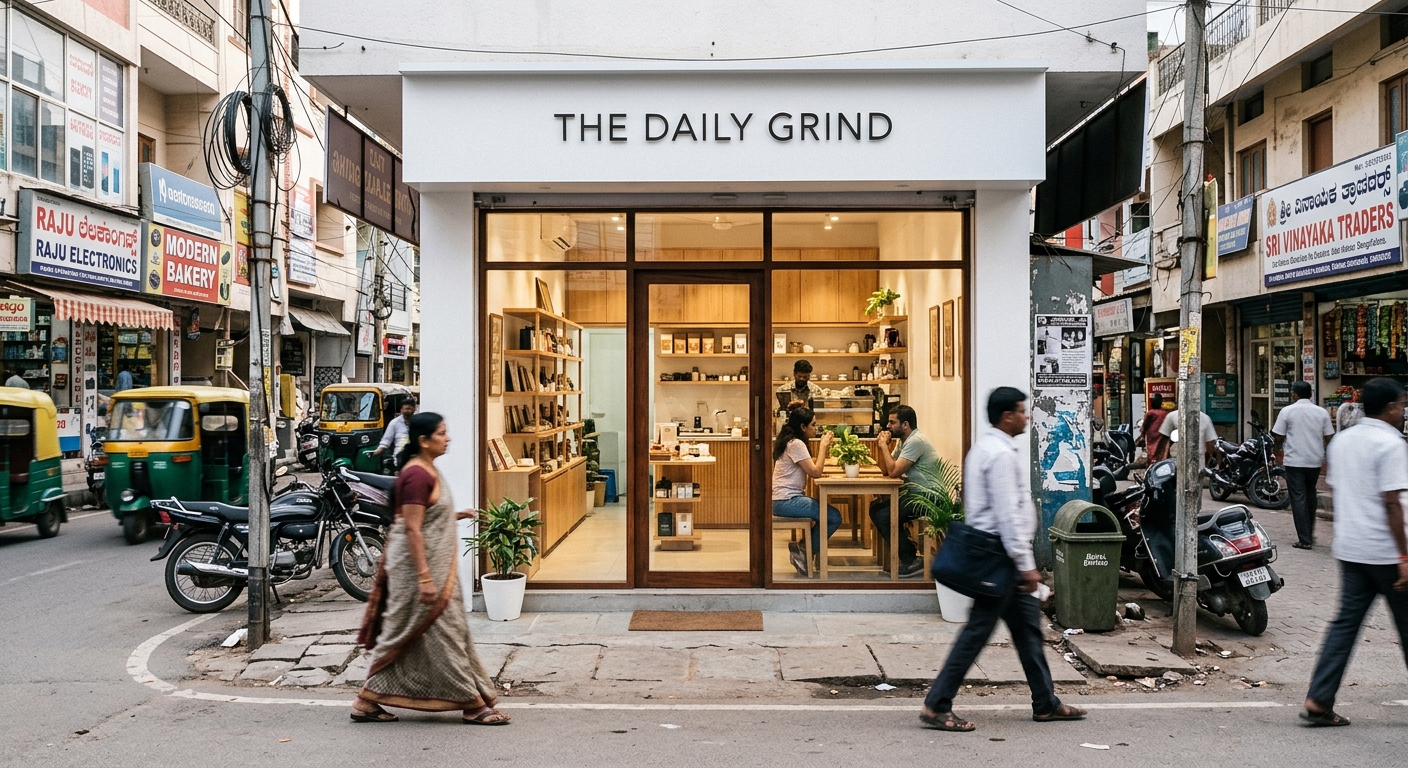Photorealistic street-level photograph of a small ground-floor retail storefront in an urban Indian commercial area, app