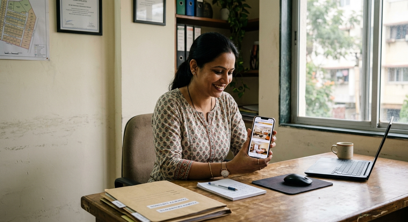A real estate broker sitting in a modest but professional office space, looking at a smartphone with property photos on
