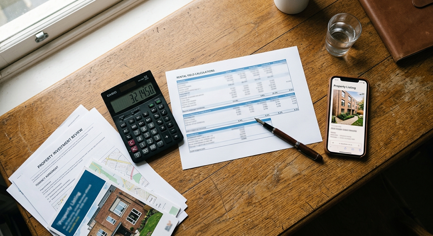 Photorealistic overhead photograph of a real wooden desk with a calculator, property documents, printed spreadsheet show