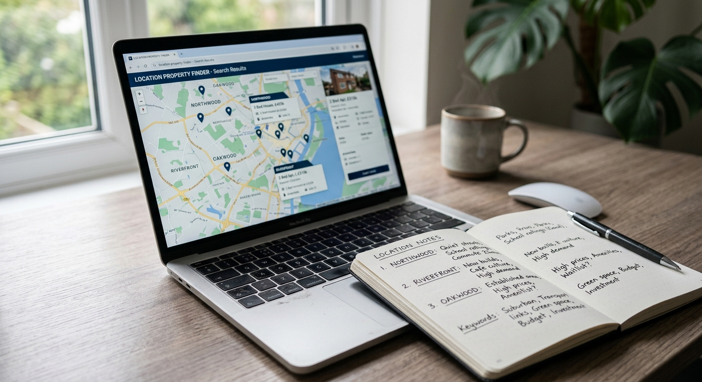 Photorealistic close-up of a desk workspace with a laptop displaying a location-based property webpage with map pins and