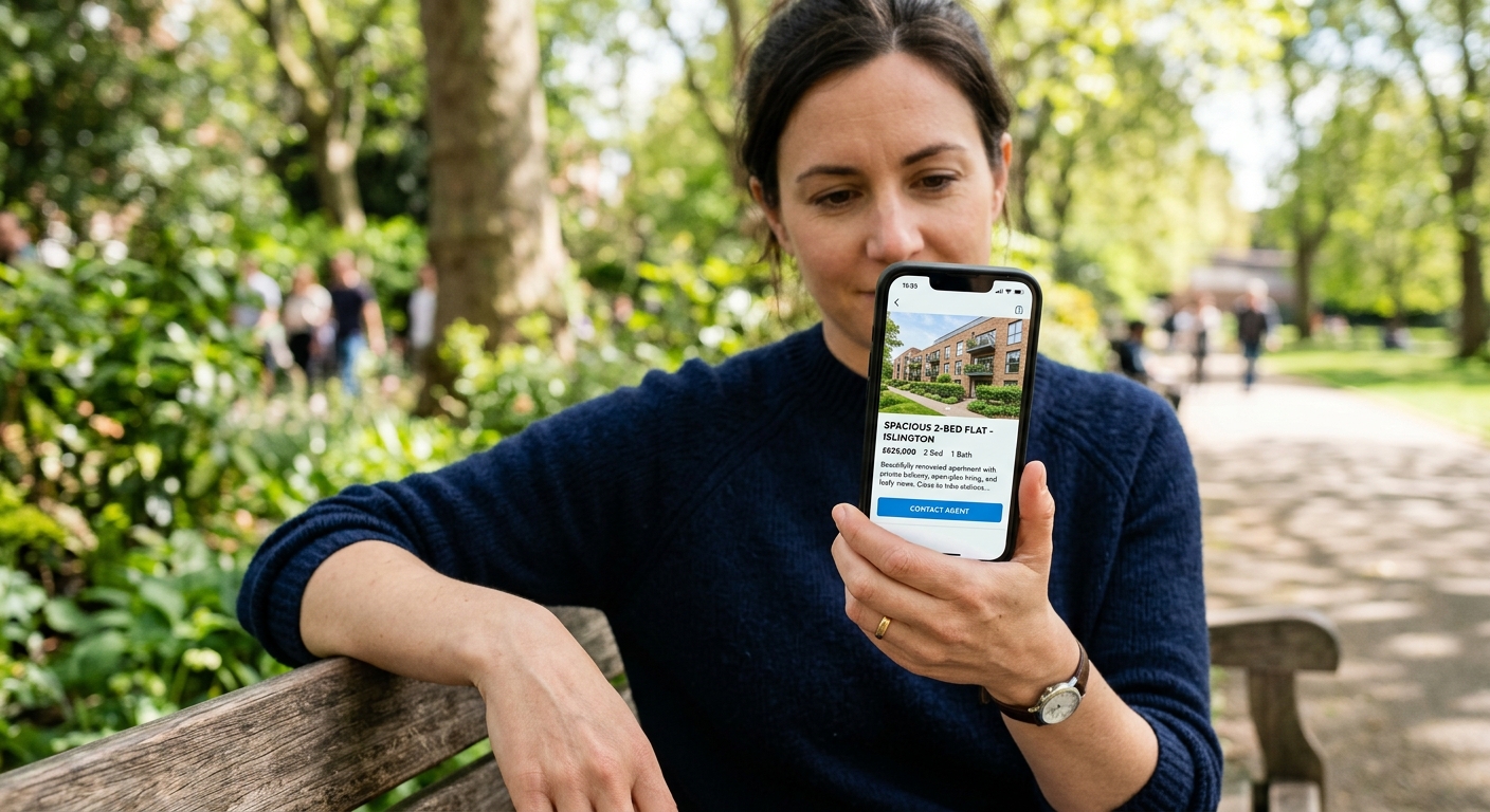 Photorealistic image of a smartphone held in someone's hand, displaying a property listing page with a clear photo of a