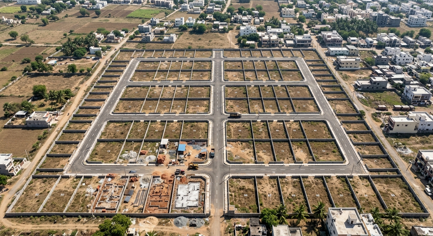 Overhead drone-style photograph of a plotted layout development in a tier 2 city, multiple rectangular plots clearly div