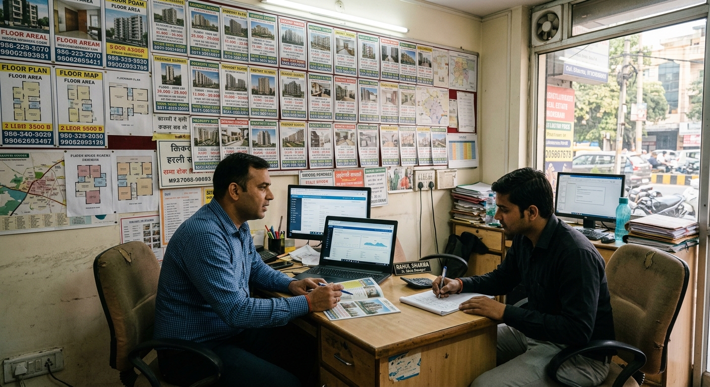 Photorealistic photograph of an Indian real estate office interior, wall covered with printed property listings and floo
