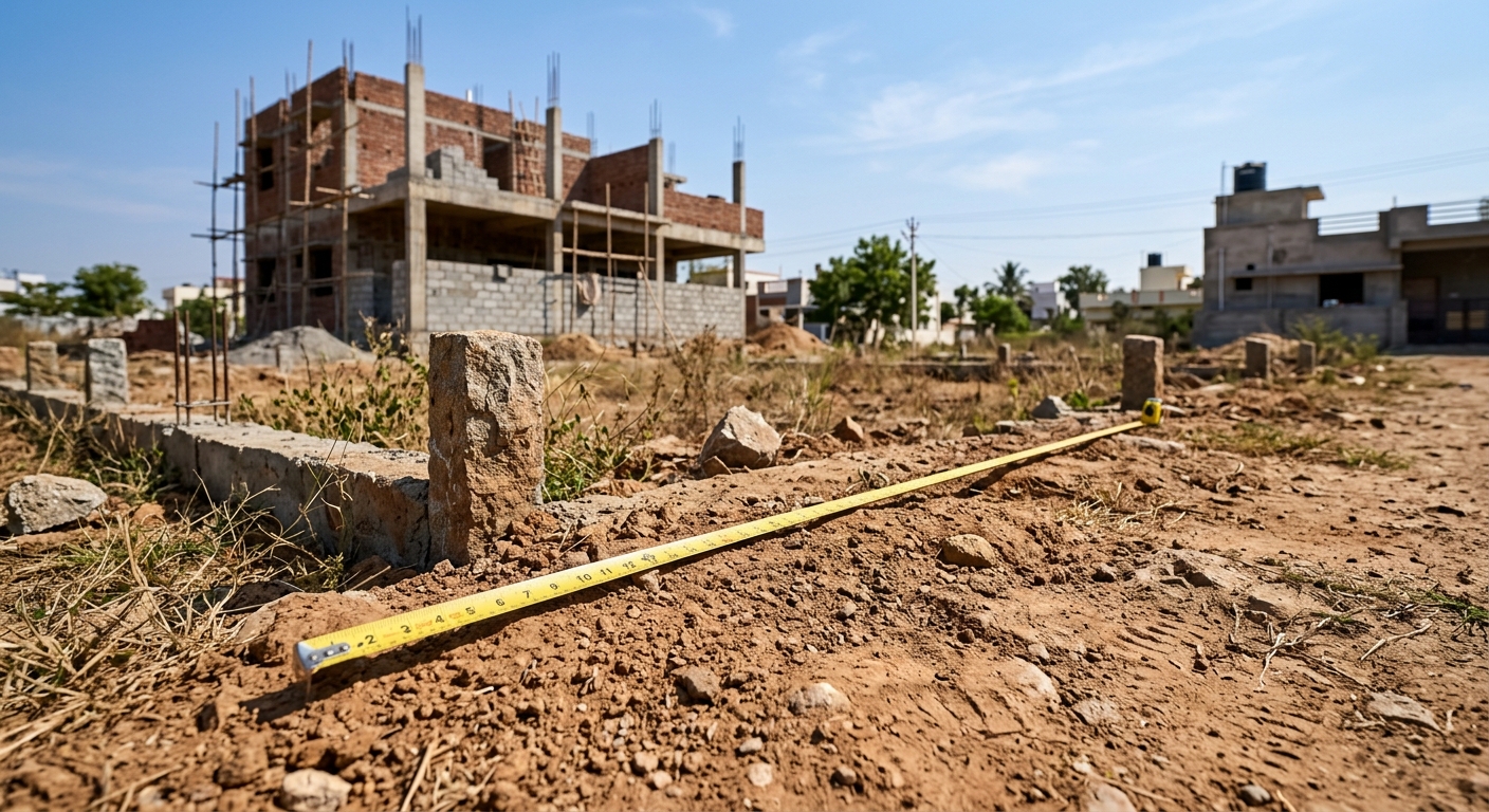 Photorealistic ground-level shot of a residential plot in an Indian suburb, surveyor's measuring tape visible on dry ear