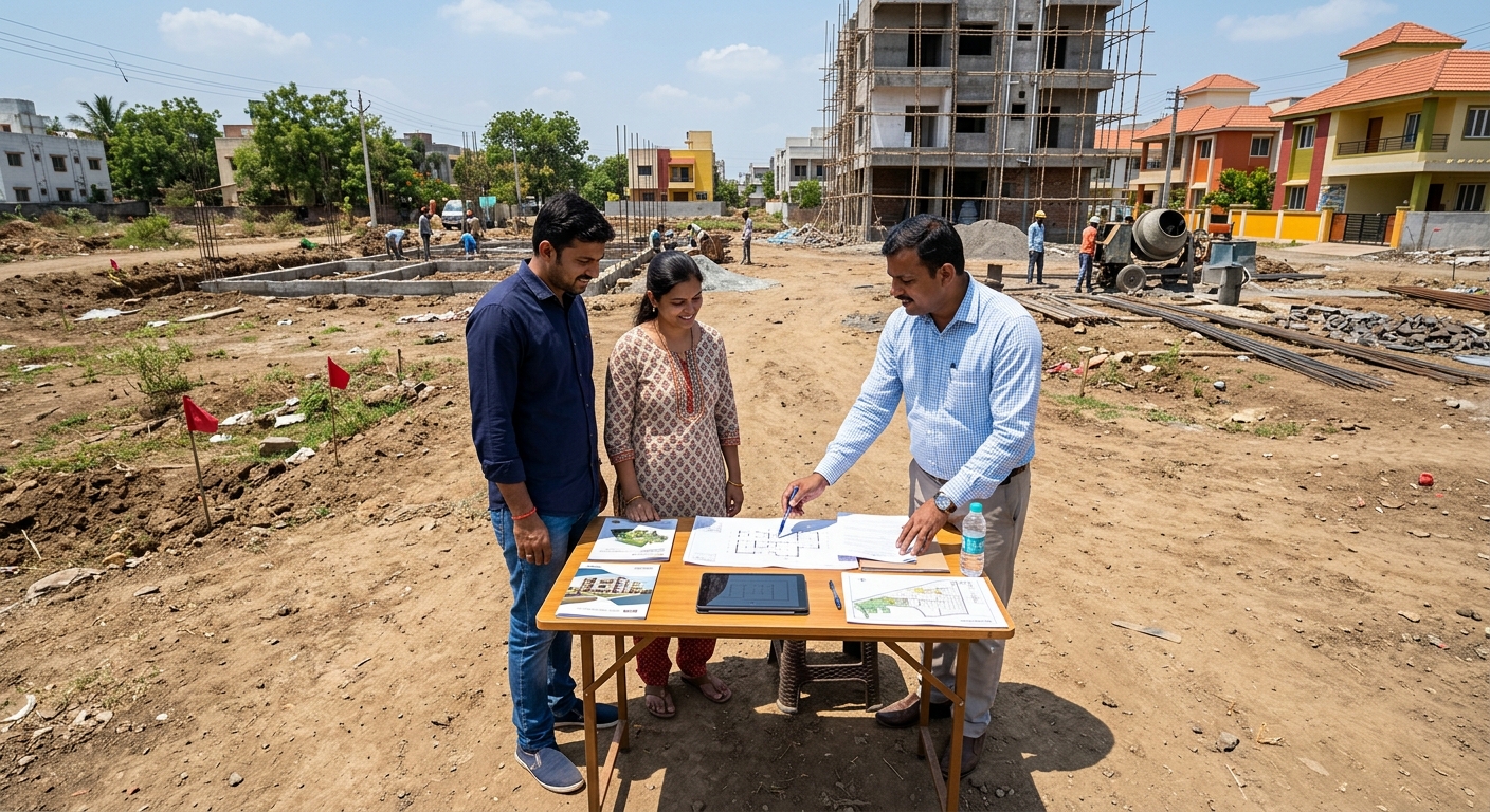 Photorealistic overhead shot of a property site visit scene in India, real estate consultant showing property documents