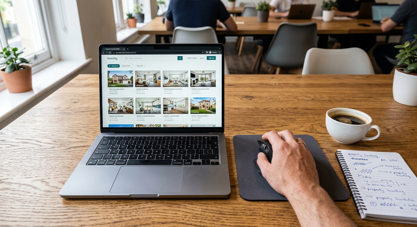 Photorealistic overhead shot of a modern co-working desk surface, open laptop displaying a property website homepage wit