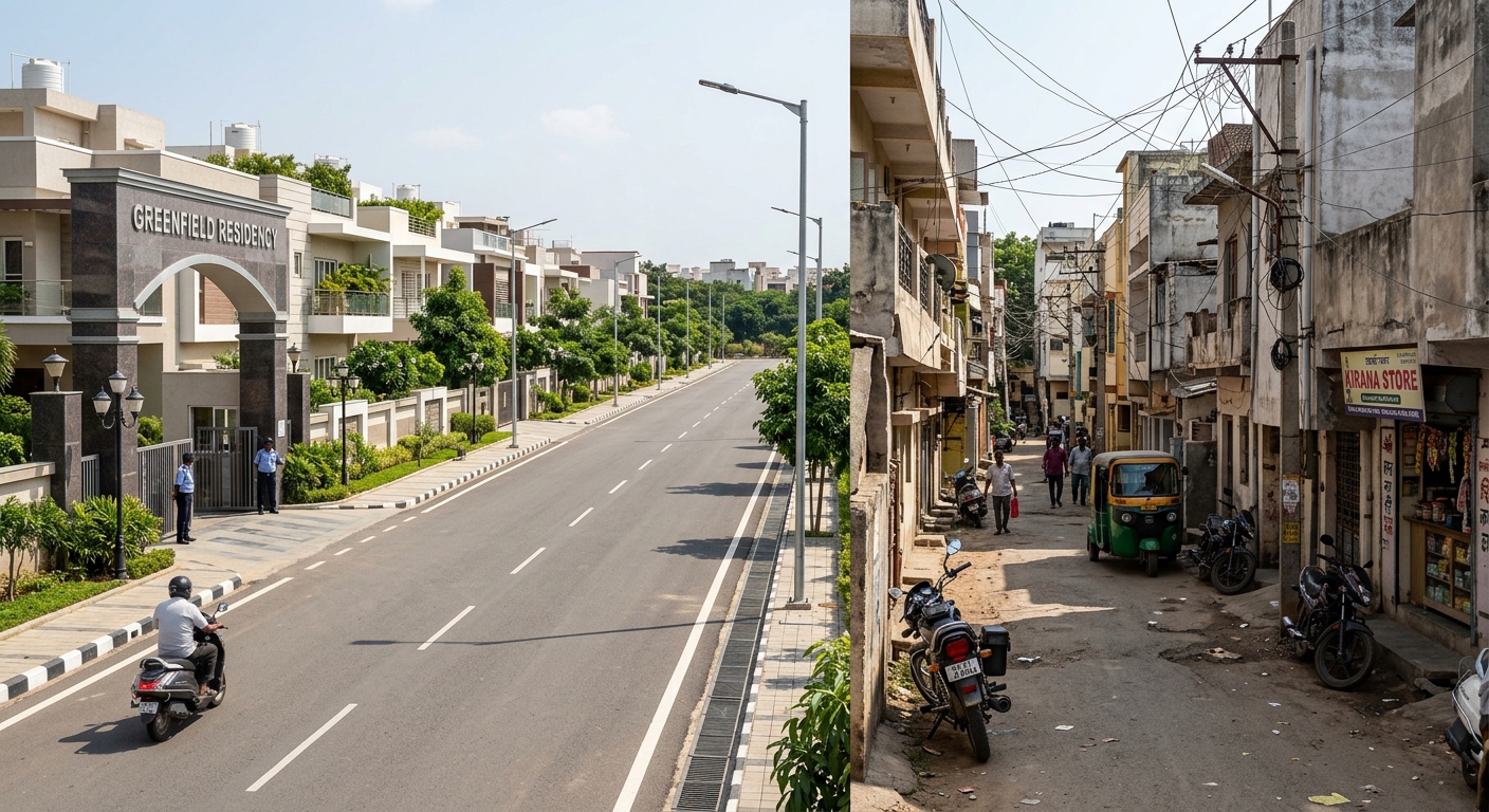 Photorealistic photograph of a residential street in an emerging Indian suburb showing clear contrast between two sides