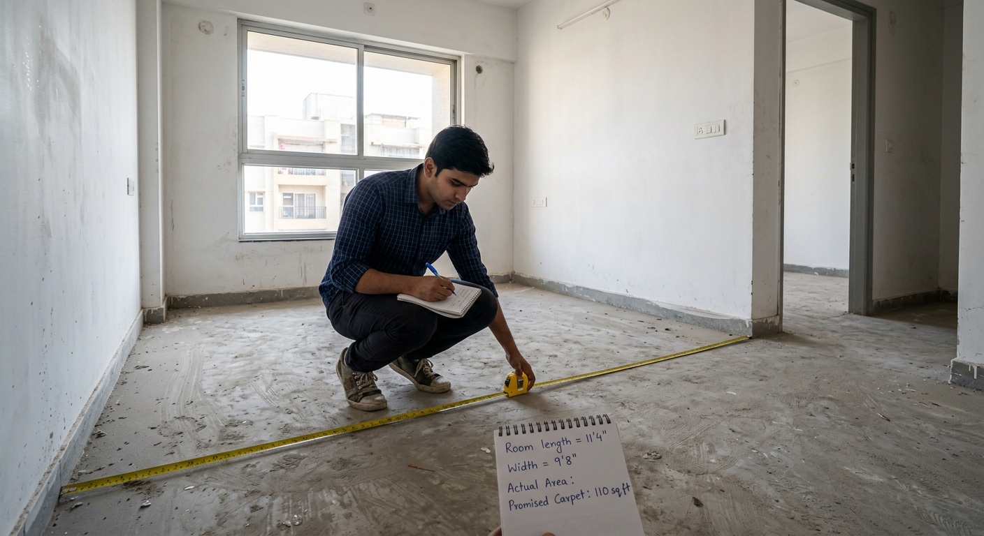 Wide interior shot of an empty unfurnished apartment room with bare walls and basic flooring, a measuring tape stretched