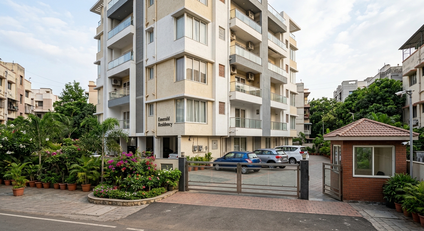 Photorealistic exterior shot of a mid-rise residential apartment building in an Indian city, daytime with soft natural l