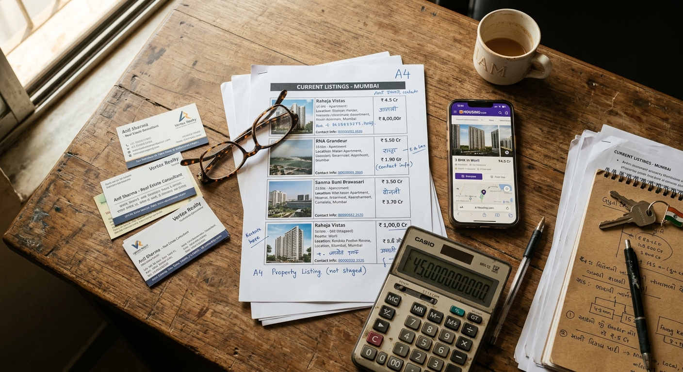 Photorealistic overhead shot of a real estate channel partner's workspace showing a printed property list with photos, a