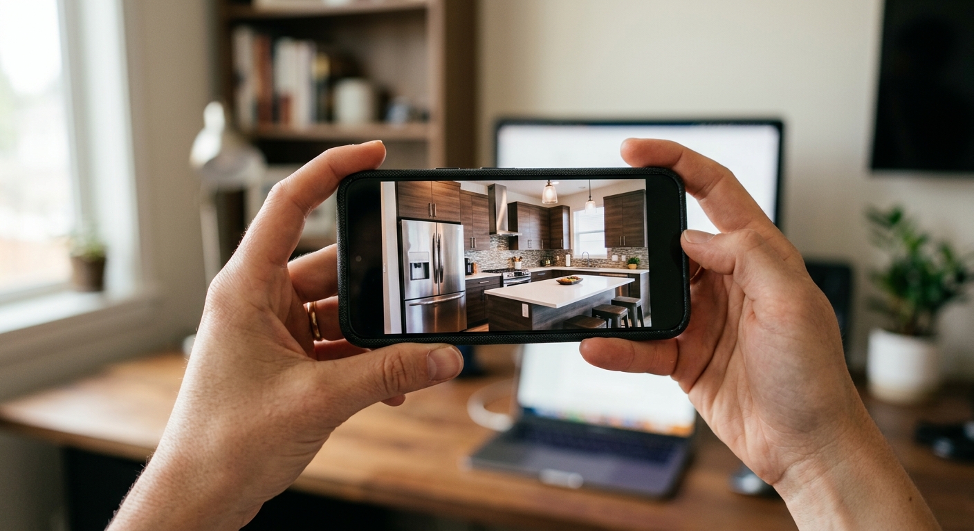 Photorealistic close-up of hands holding a smartphone horizontally in landscape orientation, screen displaying a paused