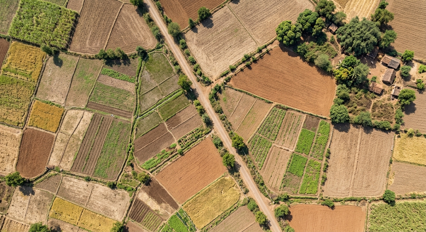 Overhead aerial photograph of rural Indian farmland showing clear property boundaries, mix of cultivated and fallow plot
