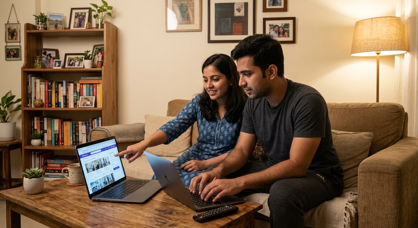 Photorealistic shot of a young Indian couple sitting together on a sofa in their home, both looking at a laptop screen p