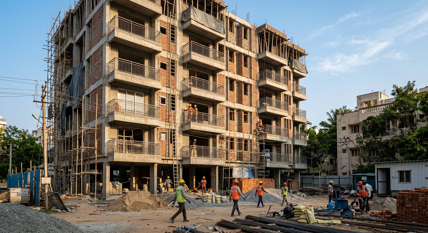 Photorealistic ground-level view of a contemporary residential construction site in India, half-completed mid-rise apart