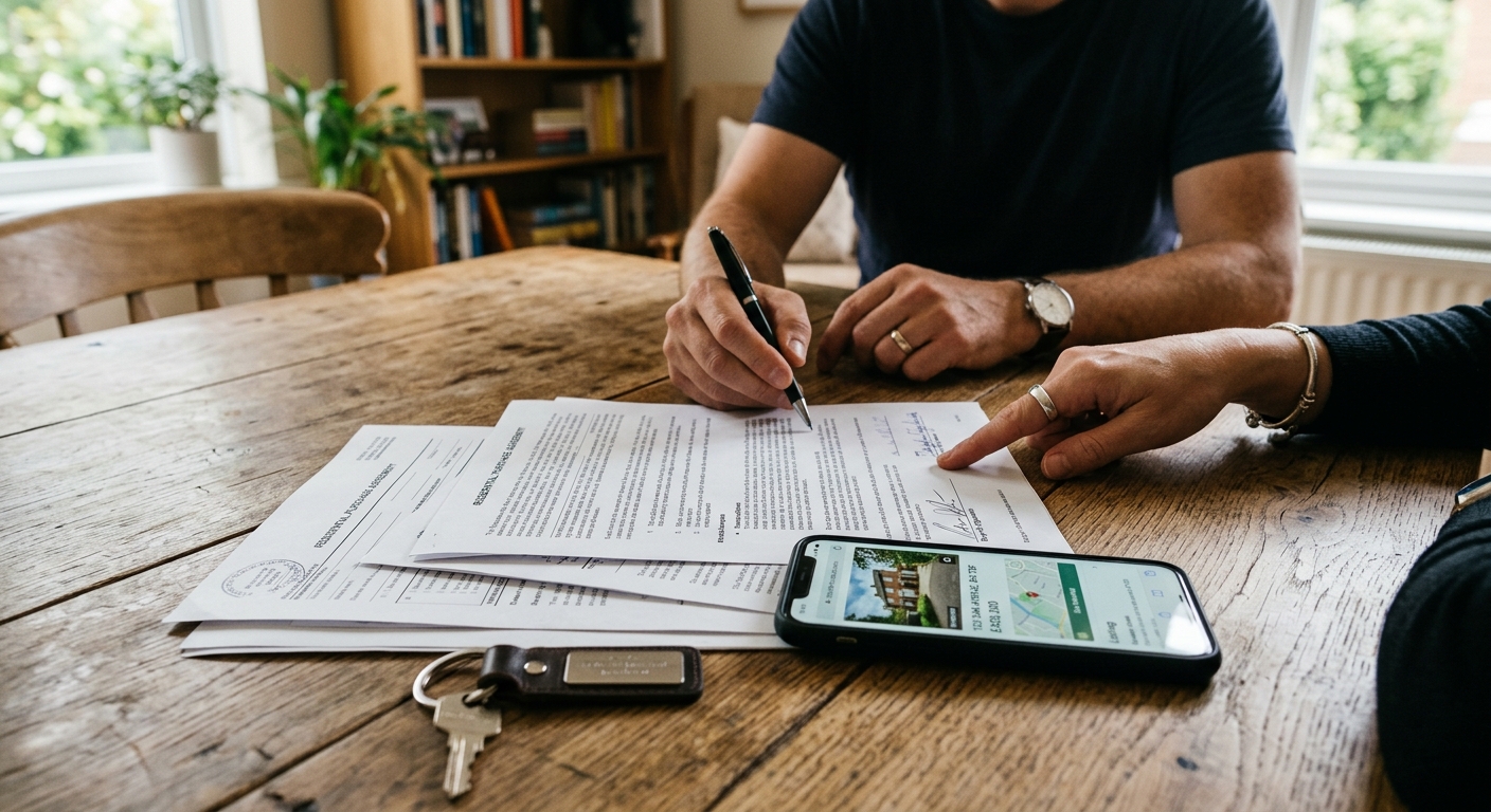 Close-up photorealistic shot of a residential property transaction scene: a wooden table with property documents, a hous