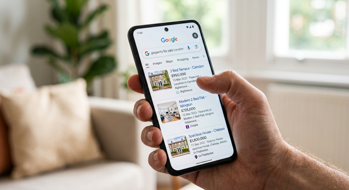 Photorealistic close-up photograph of a hand holding a smartphone displaying Google search results for property listings