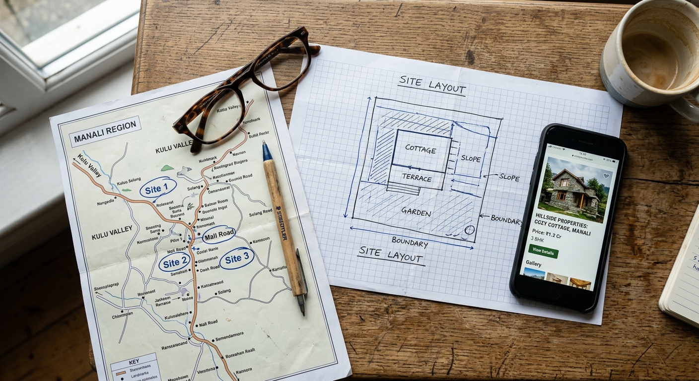 Overhead realistic photograph of a hand-drawn property layout sketch on graph paper lying on a wooden table, a mobile ph