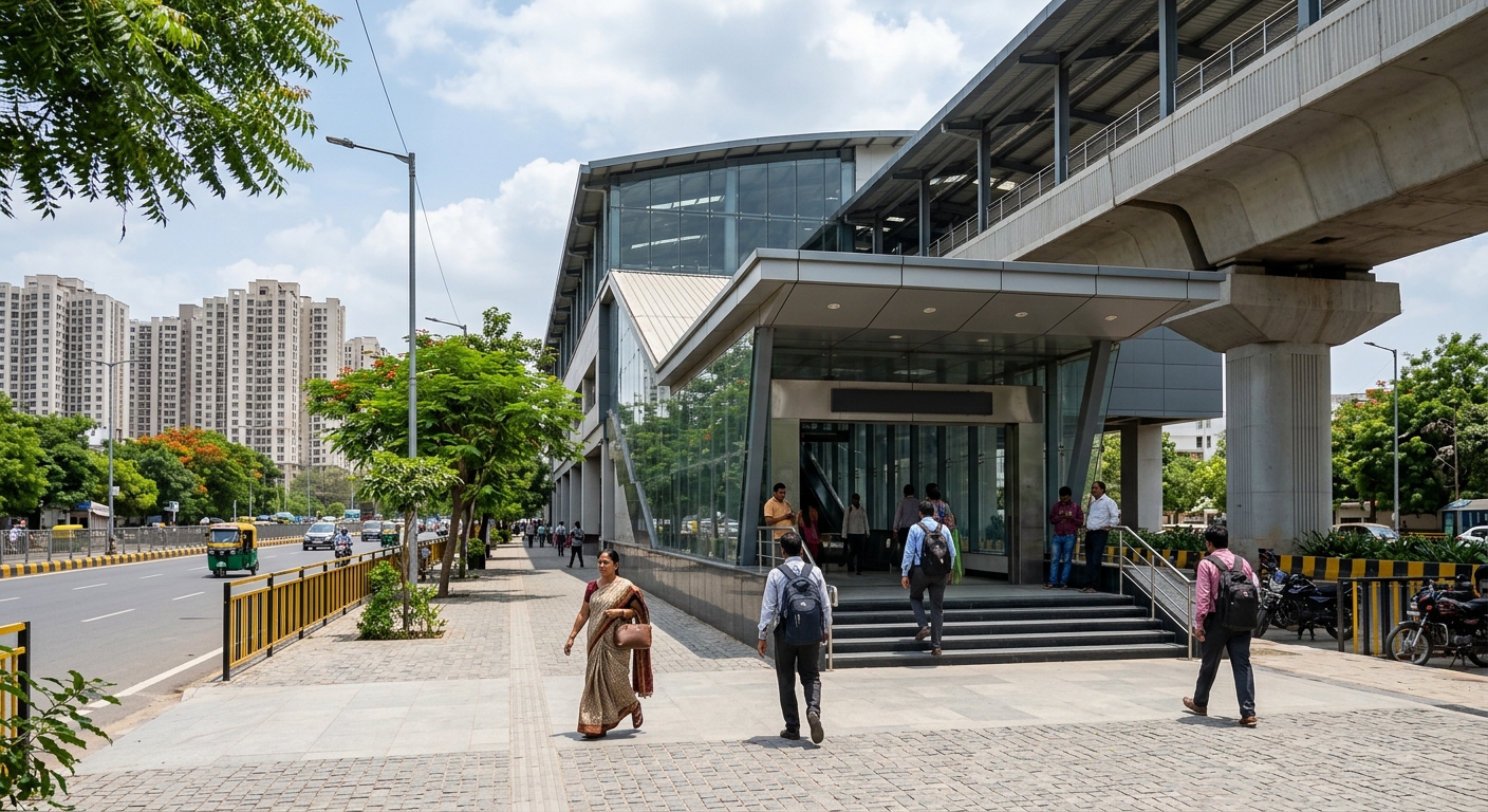 Photorealistic photograph of a newly opened metro station exterior in India, mid-afternoon sunlight, modern glass and st