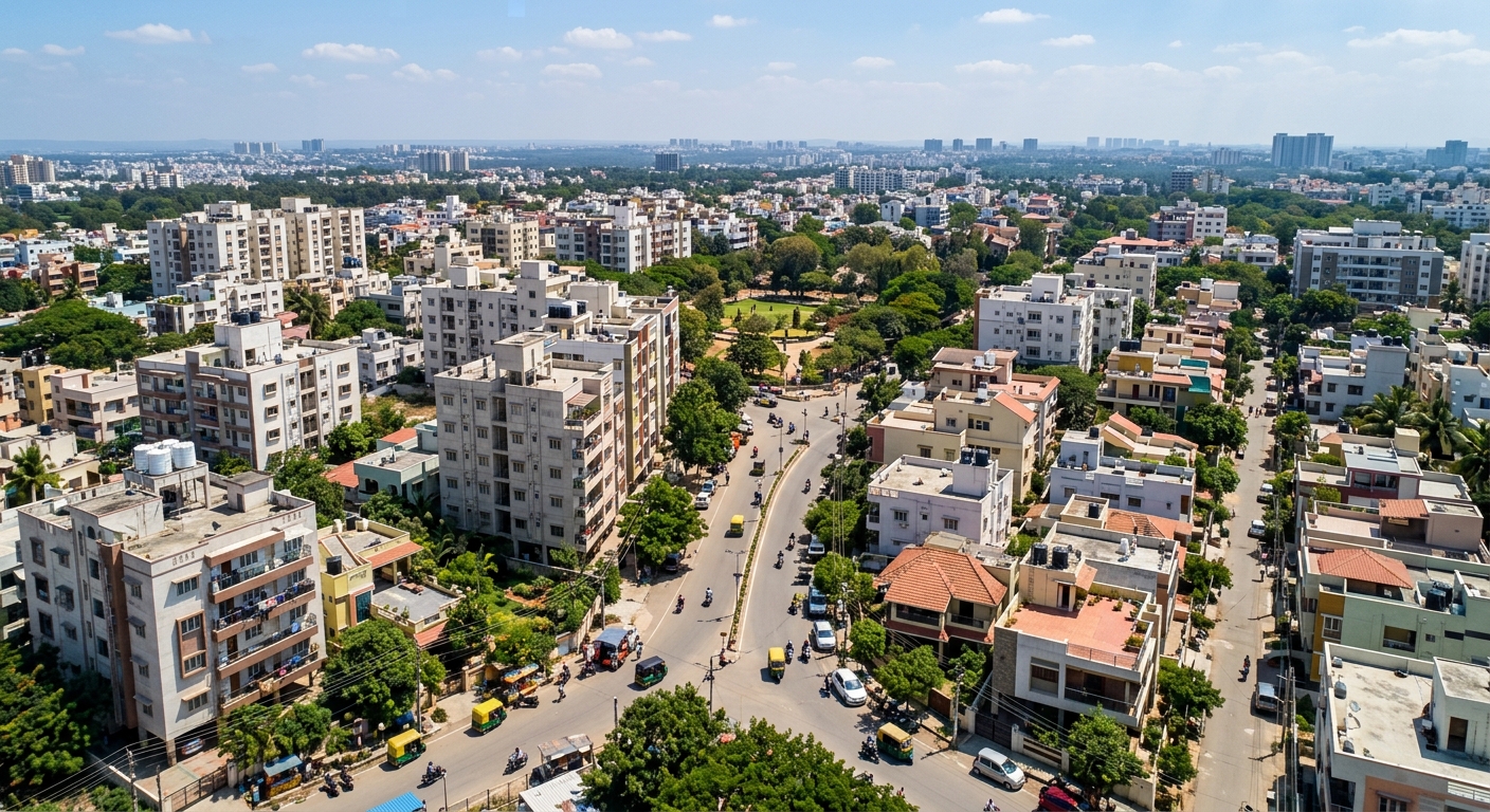 Photorealistic aerial view of a residential neighborhood in an Indian metro city, mix of apartment buildings and indepen
