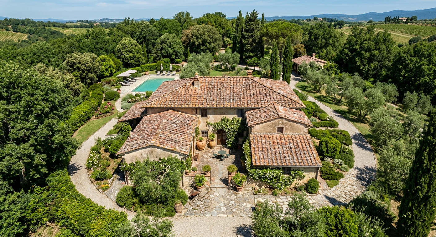 Overhead aerial shot of a villa property surrounded by greenery, realistic roofing tiles and landscaped garden visible,