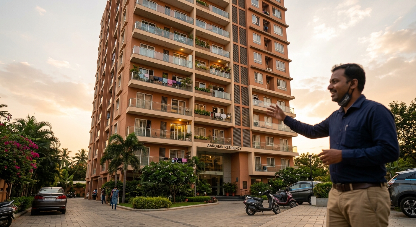 Photorealistic exterior shot of a modern Indian residential apartment building during golden hour, clean architecture wi