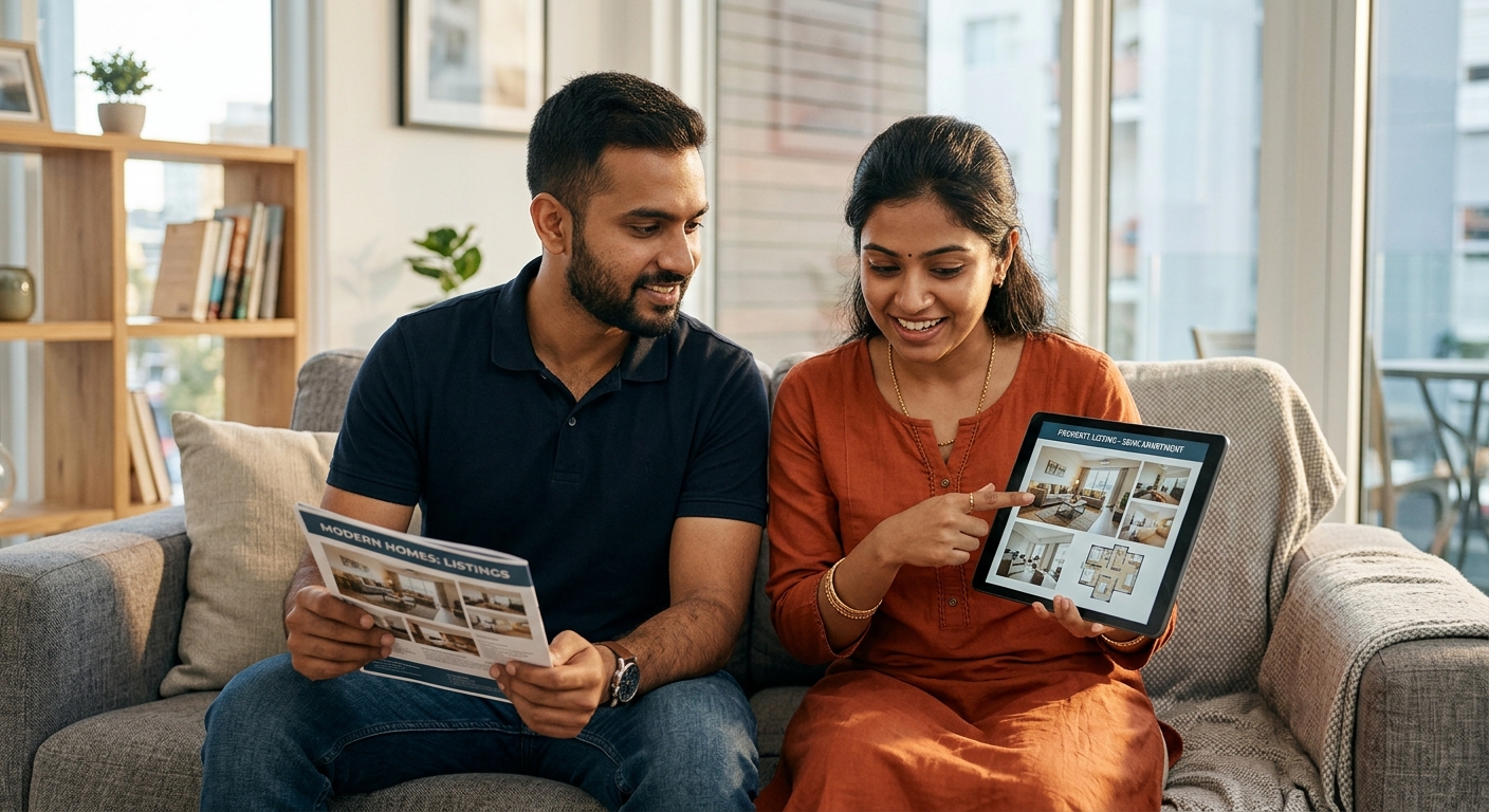 Medium shot of a young Indian couple sitting on a couch in a contemporary apartment living room, natural afternoon light