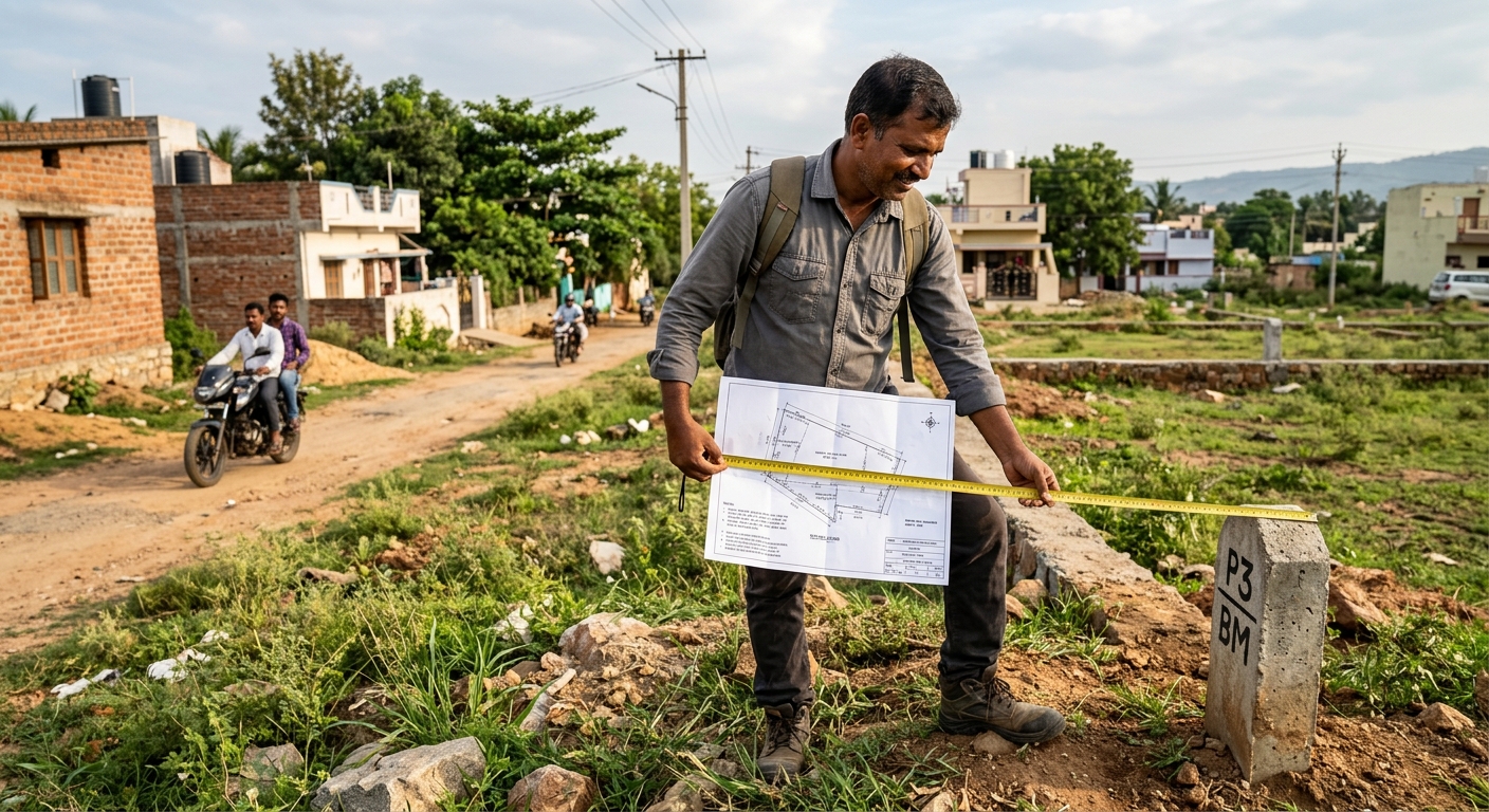 Photorealistic image of a surveyor or property inspector standing at a plot boundary, holding a measuring tape and compa