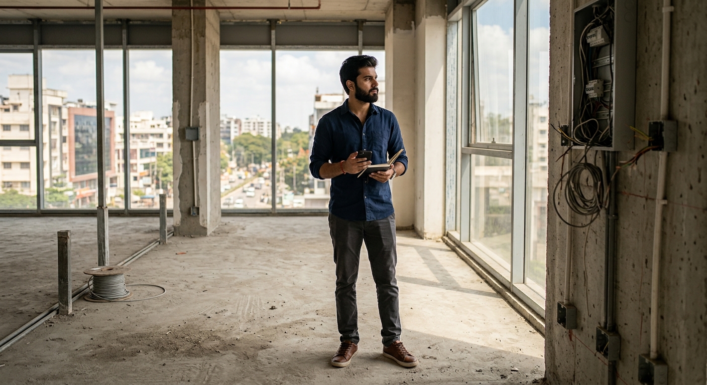 Photorealistic photograph of a young Indian entrepreneur in casual business attire standing inside an empty commercial o