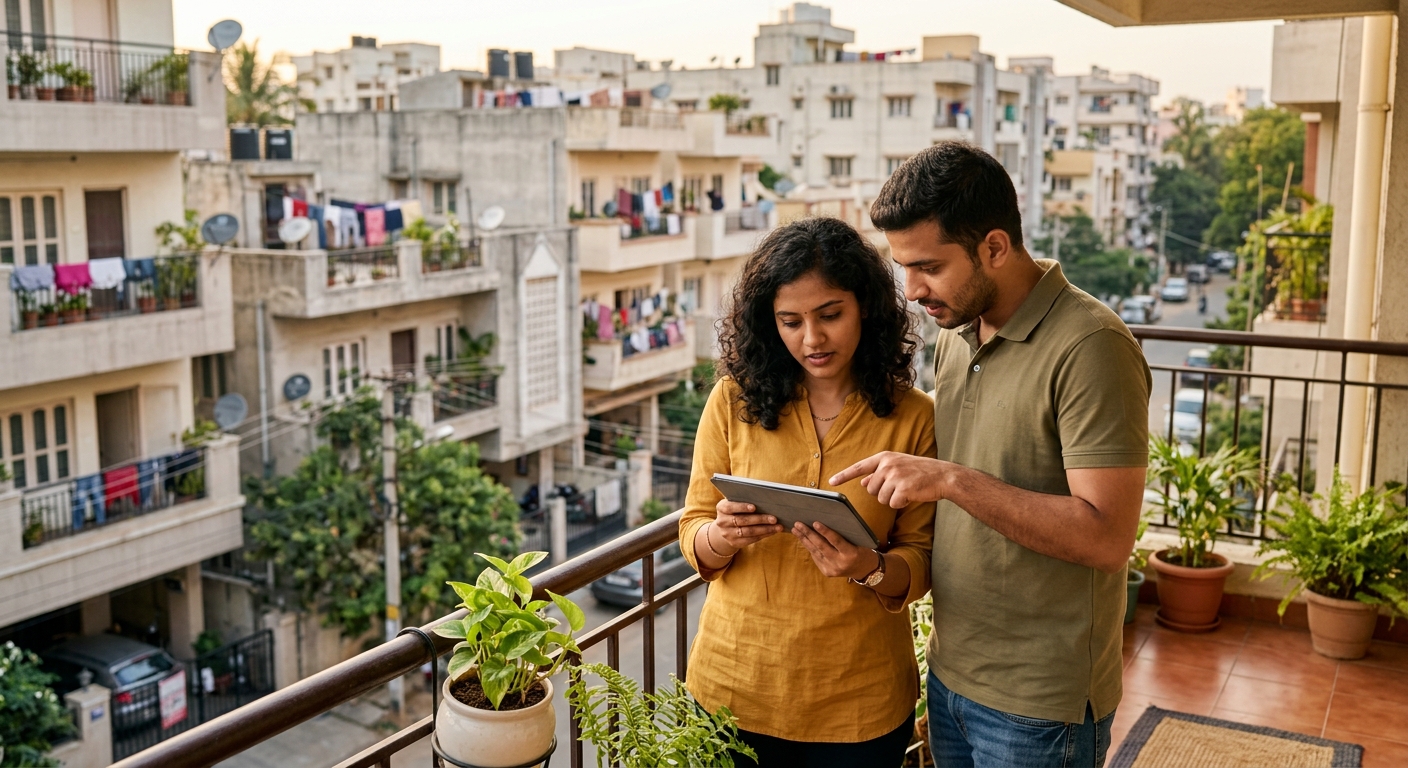 A young couple standing on a residential apartment balcony overlooking a mid-rise neighborhood in an Indian city, lookin
