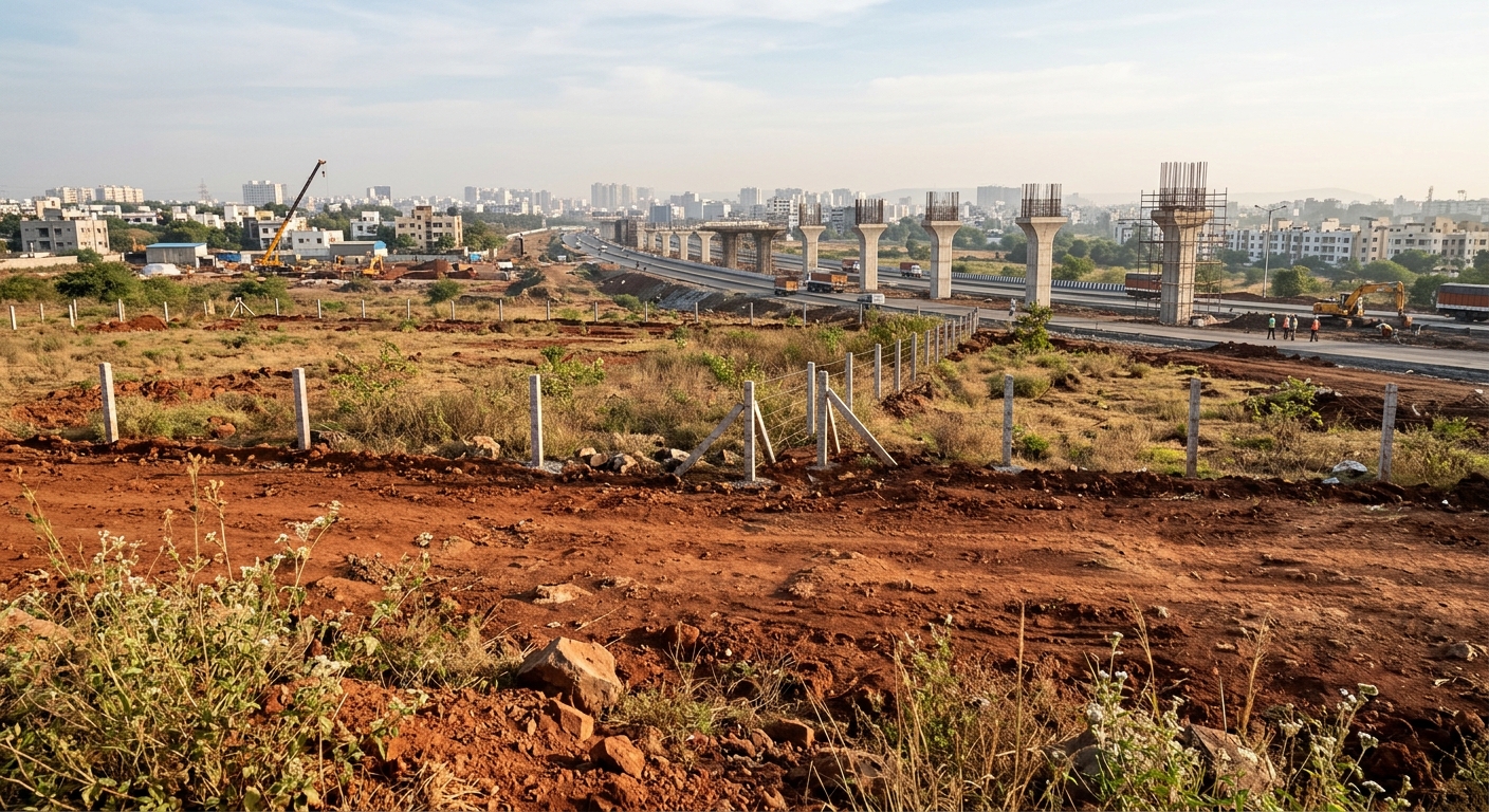 Photorealistic photograph of undeveloped plot land near an emerging Indian city corridor, red soil visible, boundary mar