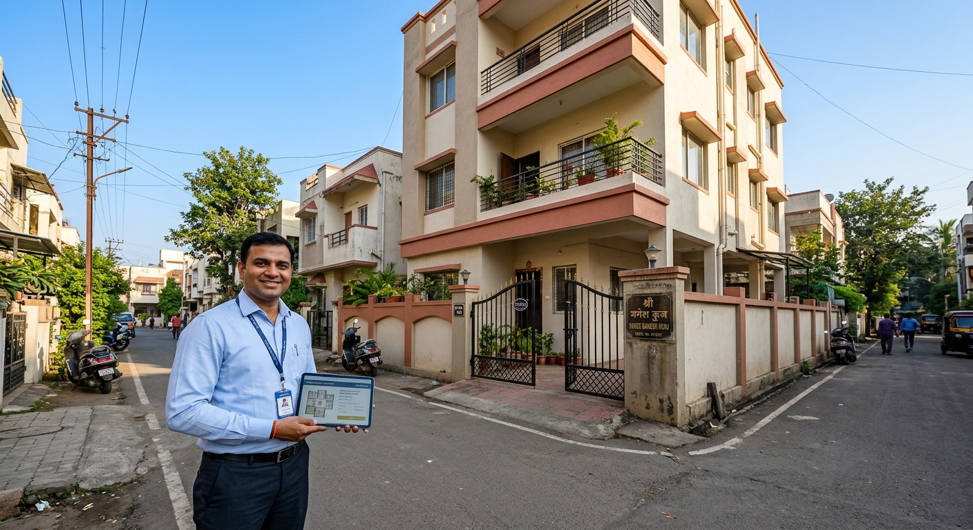 Photorealistic wide-angle photograph of a residential property exterior in an Indian mid-tier city neighborhood, clear b