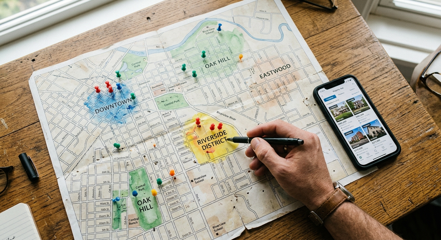 Photorealistic overhead shot of a printed area map spread on a wooden table with colored pins marking different neighbor