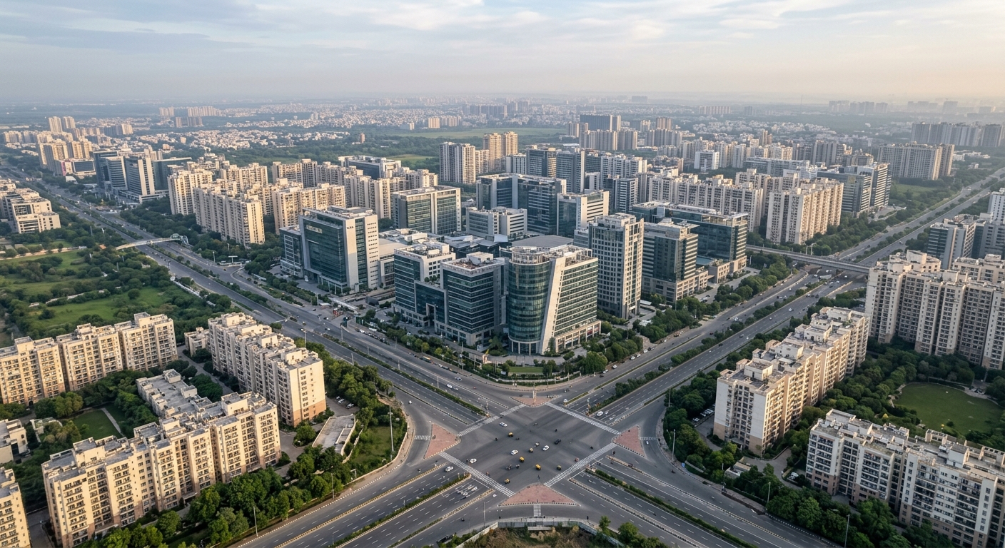 Photorealistic overhead shot of Gurgaon cityscape during early morning with soft natural light. Mix of modern glass offi