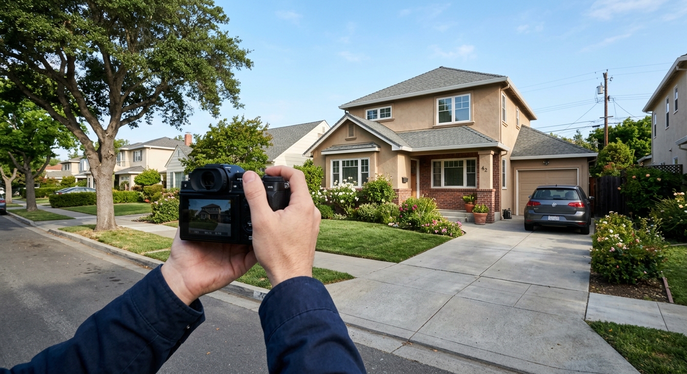 Photorealistic image of a residential property exterior being photographed by someone holding a smartphone or camera at