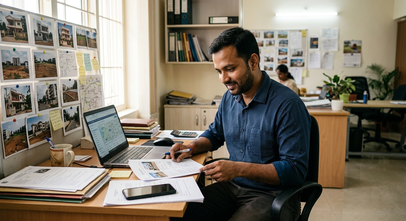 Photorealistic photograph of a small independent real estate broker in India working at desk, Indian male in mid-30s in