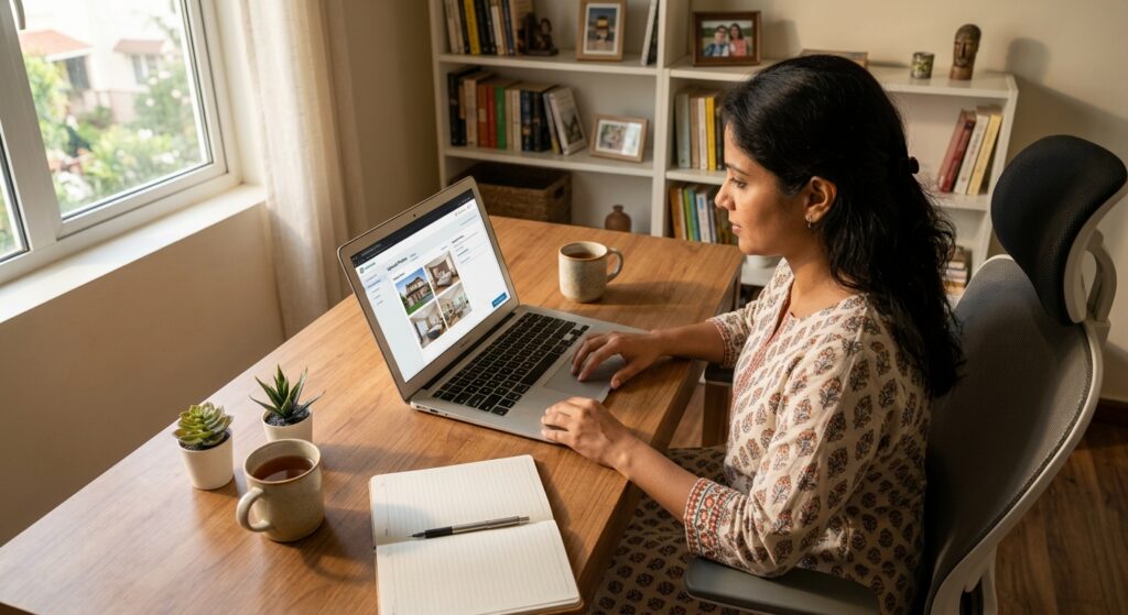 Indian homeowner uploading property photos on laptop, warm home office setting, natural afternoon light, overhead angle,