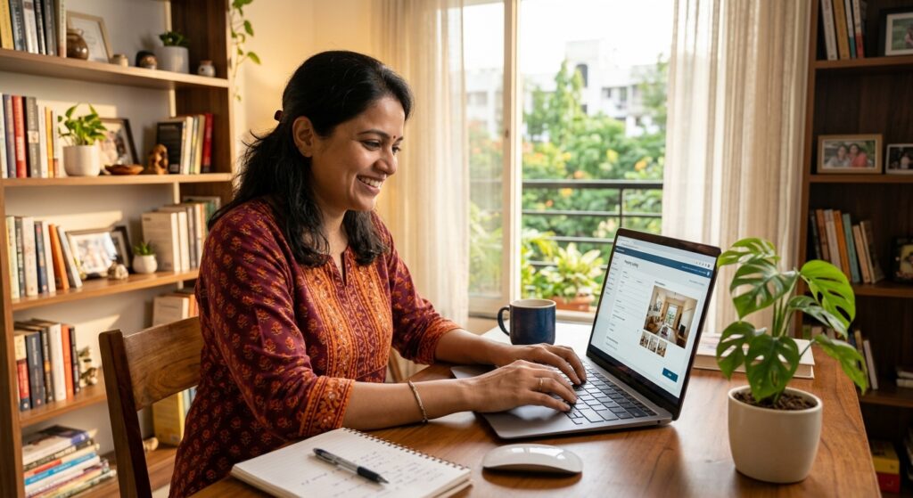 Indian homeowner uploading property listing on laptop, bright home office, natural daylight, warm productive atmosphere