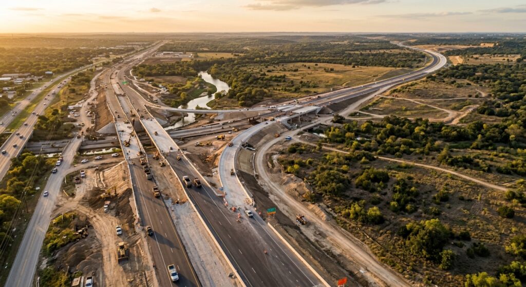 Aerial view of undeveloped plot land near highway construction site, golden hour lighting, wide angle showing infrastruc
