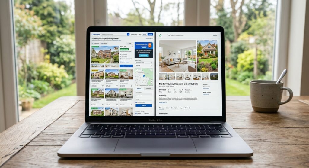 Split-screen comparison of a cluttered paid property listing interface versus a clean, search-optimized free listing pag