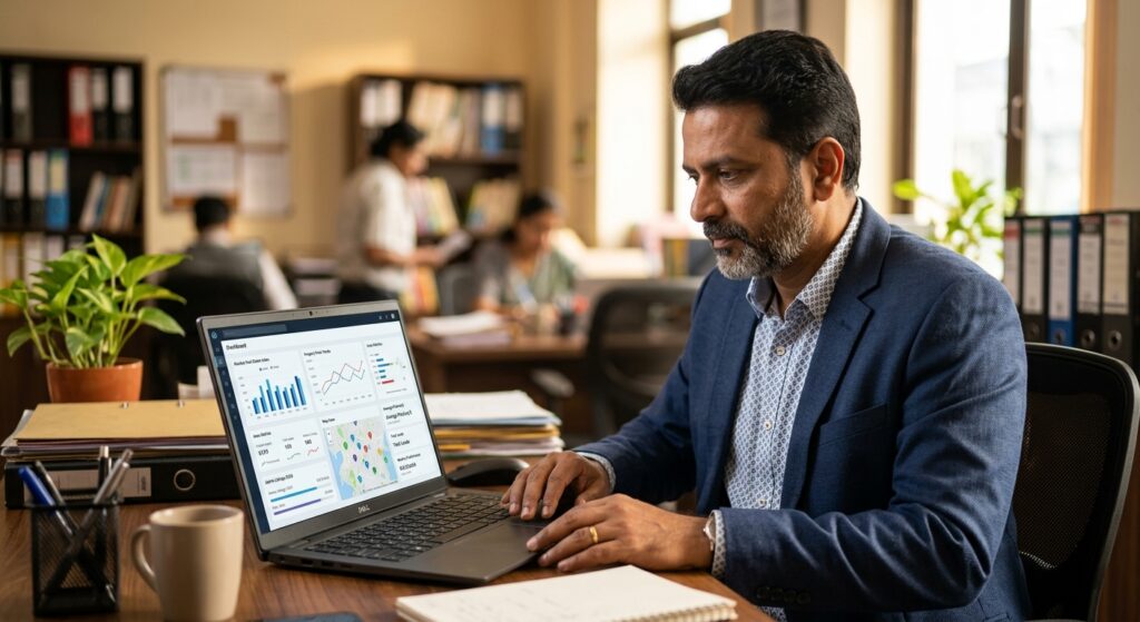 Indian real estate broker reviewing laptop screen showing property portal dashboard with pricing charts, warm office lig