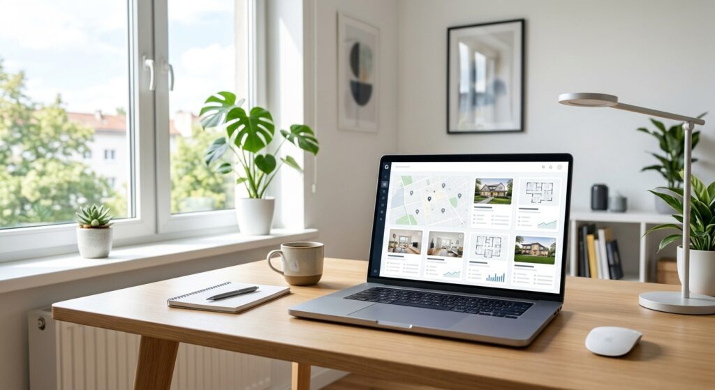 Wide-angle photo of a modern property listing dashboard on a laptop screen, bright natural light from window, clean work