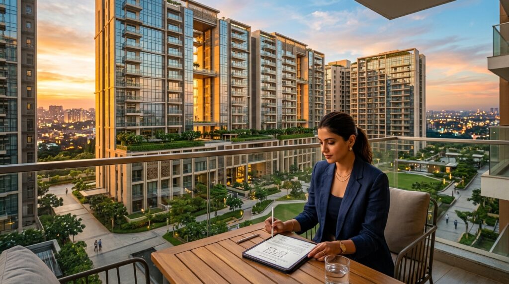 Wide shot of modern Indian apartment complex at golden hour, NRI buyer reviewing documents on tablet in foreground, prof