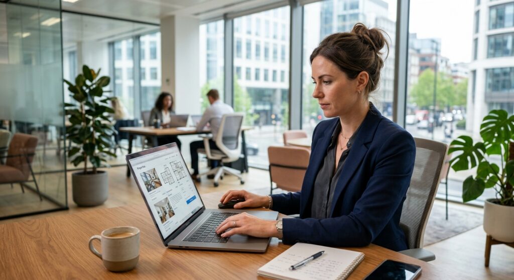 Real estate channel partner reviewing property listings on laptop in modern office, natural lighting, professional works
