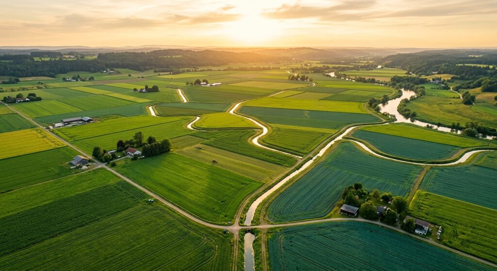 Aerial view of lush green farmland with irrigation channels at golden hour, wide landscape shot, natural lighting, peace