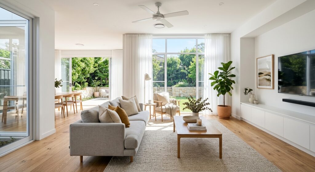Bright, modern living room with open curtains, natural sunlight streaming through windows, clean minimalist staging, pro