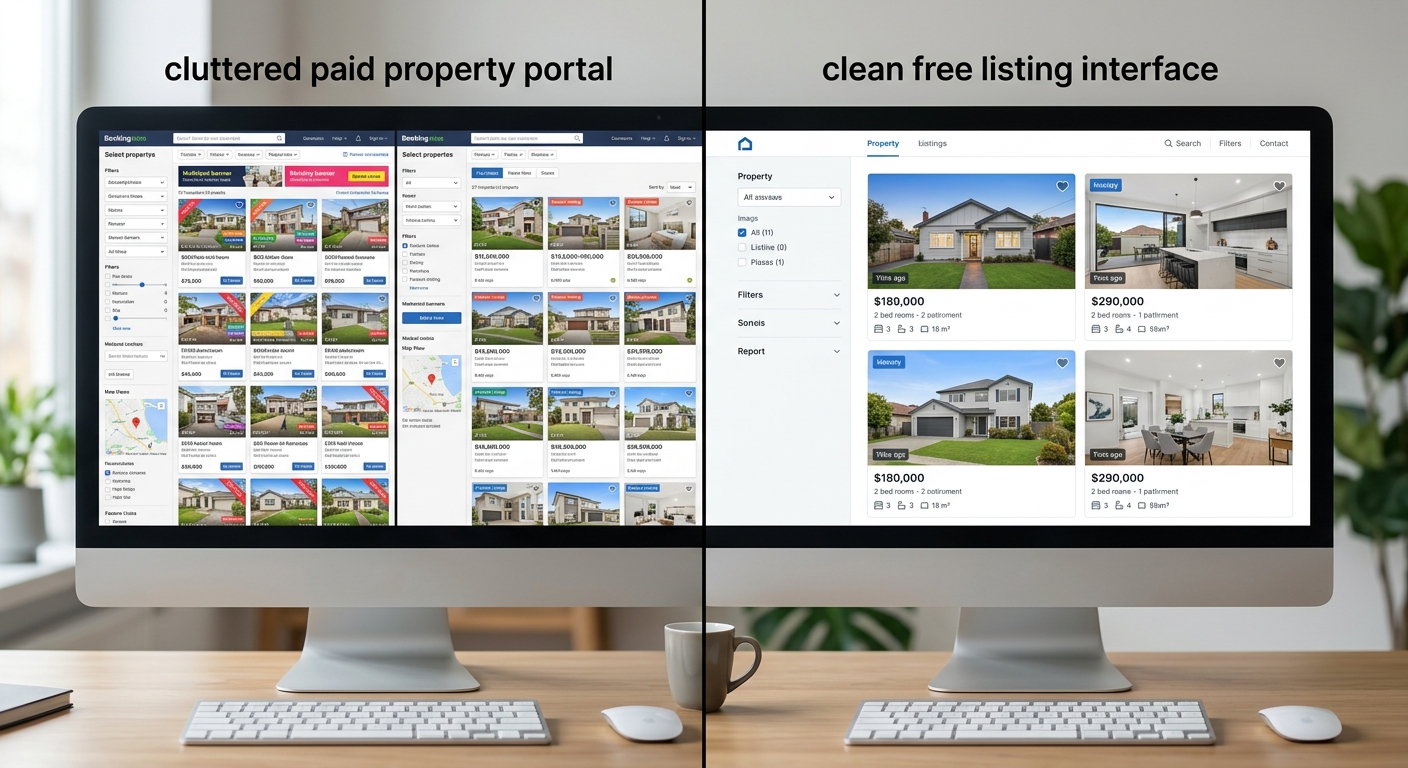 Split-screen comparison of cluttered paid property portal vs clean free listing interface on desktop, sharp focus, profe