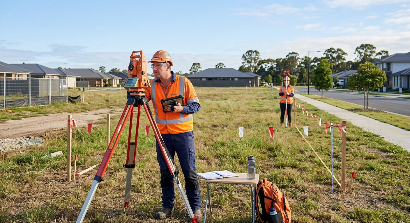 Surveyor examining empty residential plot with measuring equipment, morning natural light, professional real estate asse
