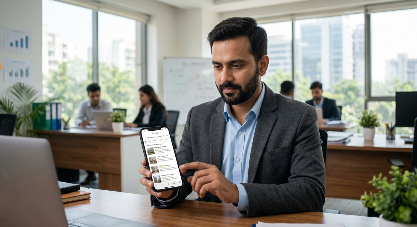 Indian property broker reviewing Google search results on a smartphone showing property listings ranked organically, bri